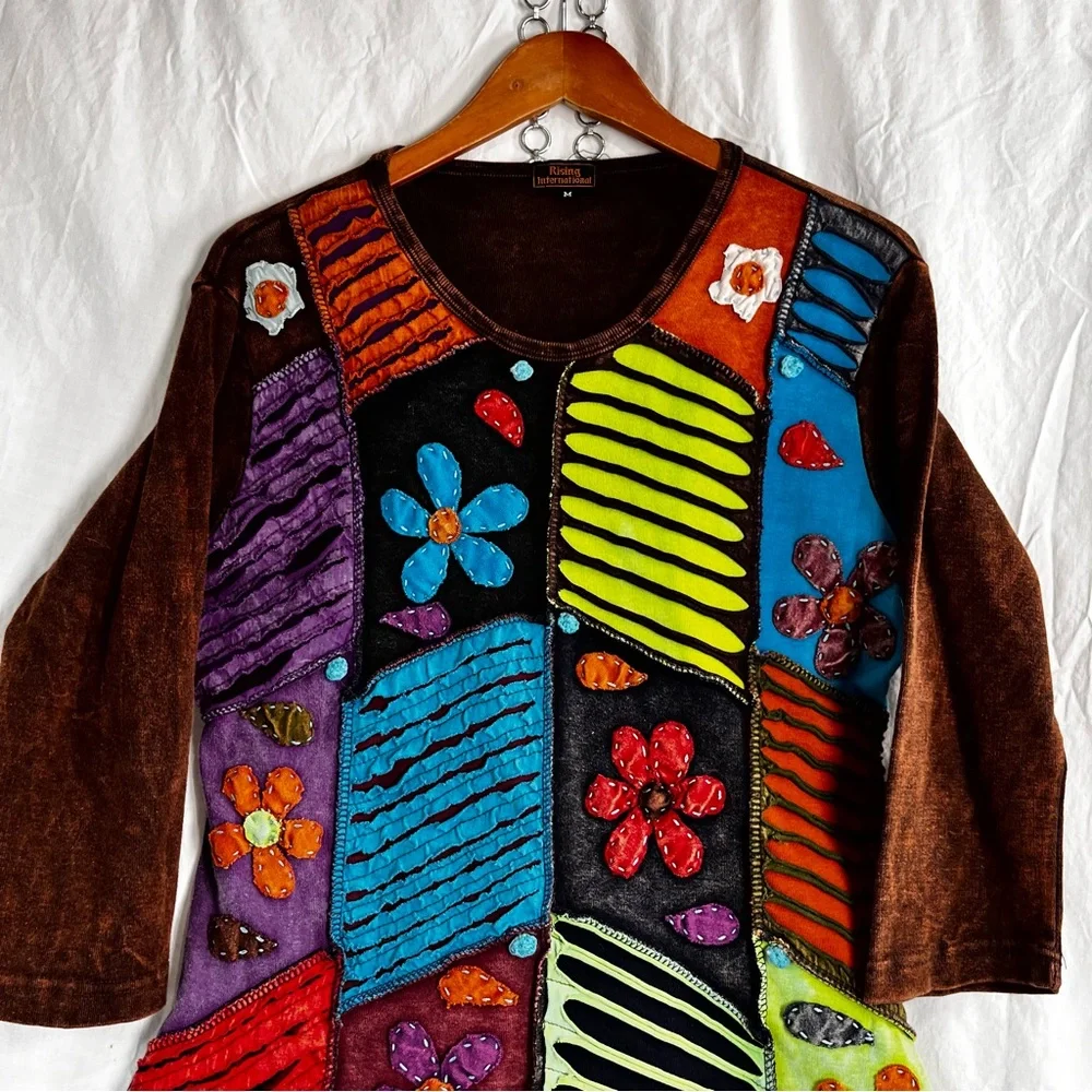Rising International Hippie Boho Patchwork Shirt Women Medium Embroidered Flower - Picture 2 of 16